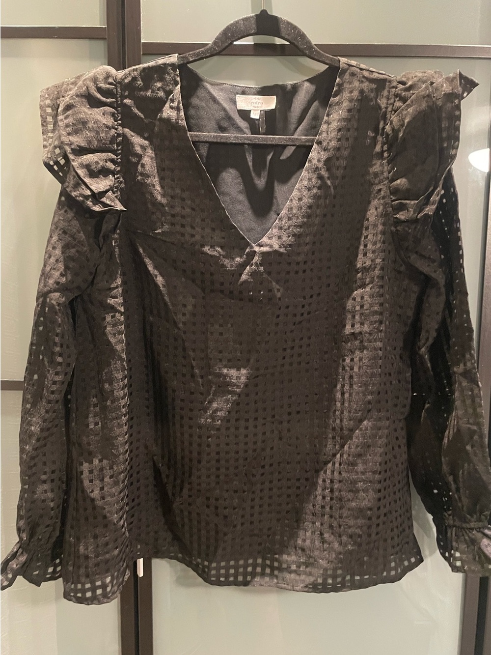 entro Black Textured V-Neck Ruffle Sleeve Blouse NWOT never worn